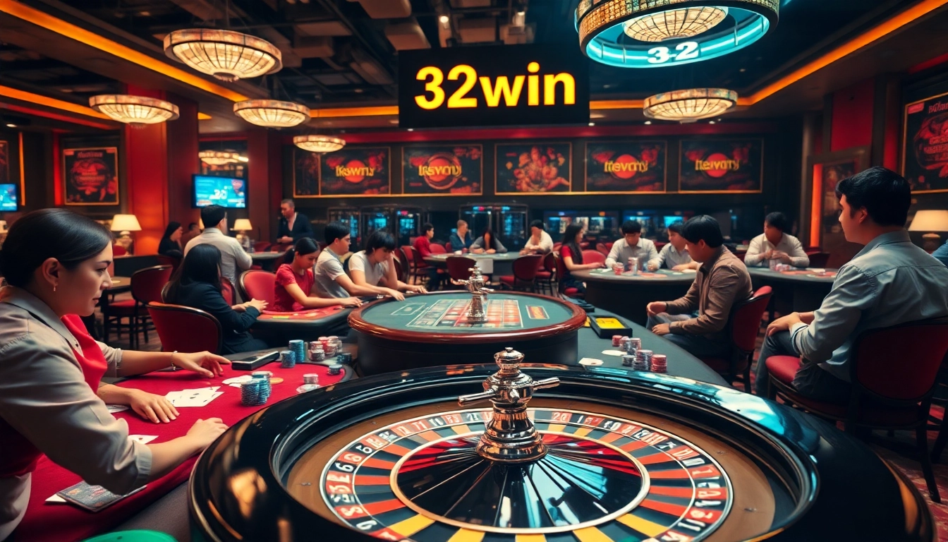 Players enjoy the thrill of gambling with 32win branded tables in a vibrant casino.