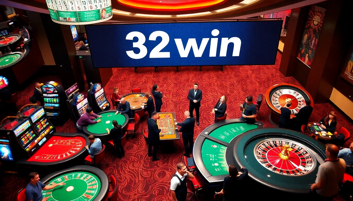32win banner showcasing an exciting casino atmosphere with players at tables and vibrant slot machines.