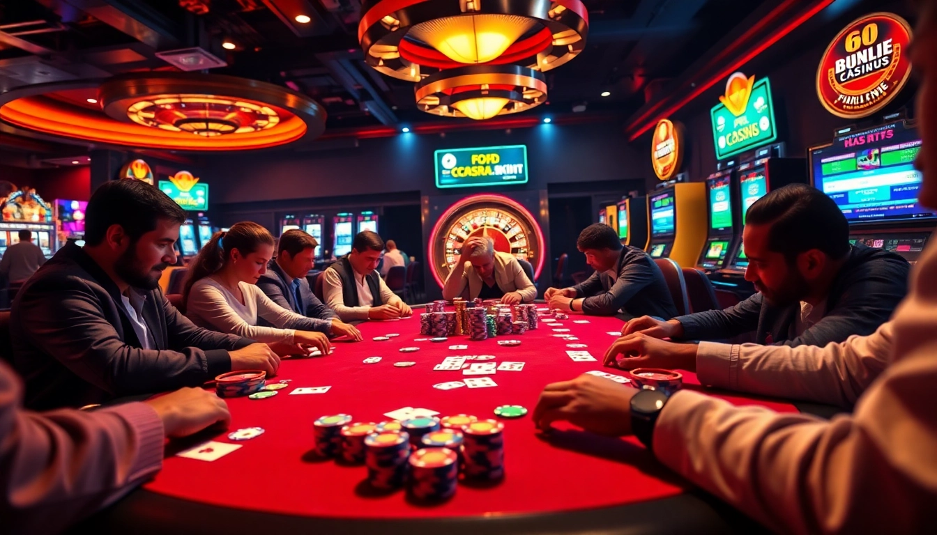 Experience the thrill of a vibrant casino scene at https://8us.skin/, featuring players at a poker table amidst bright slot machines and roulette.