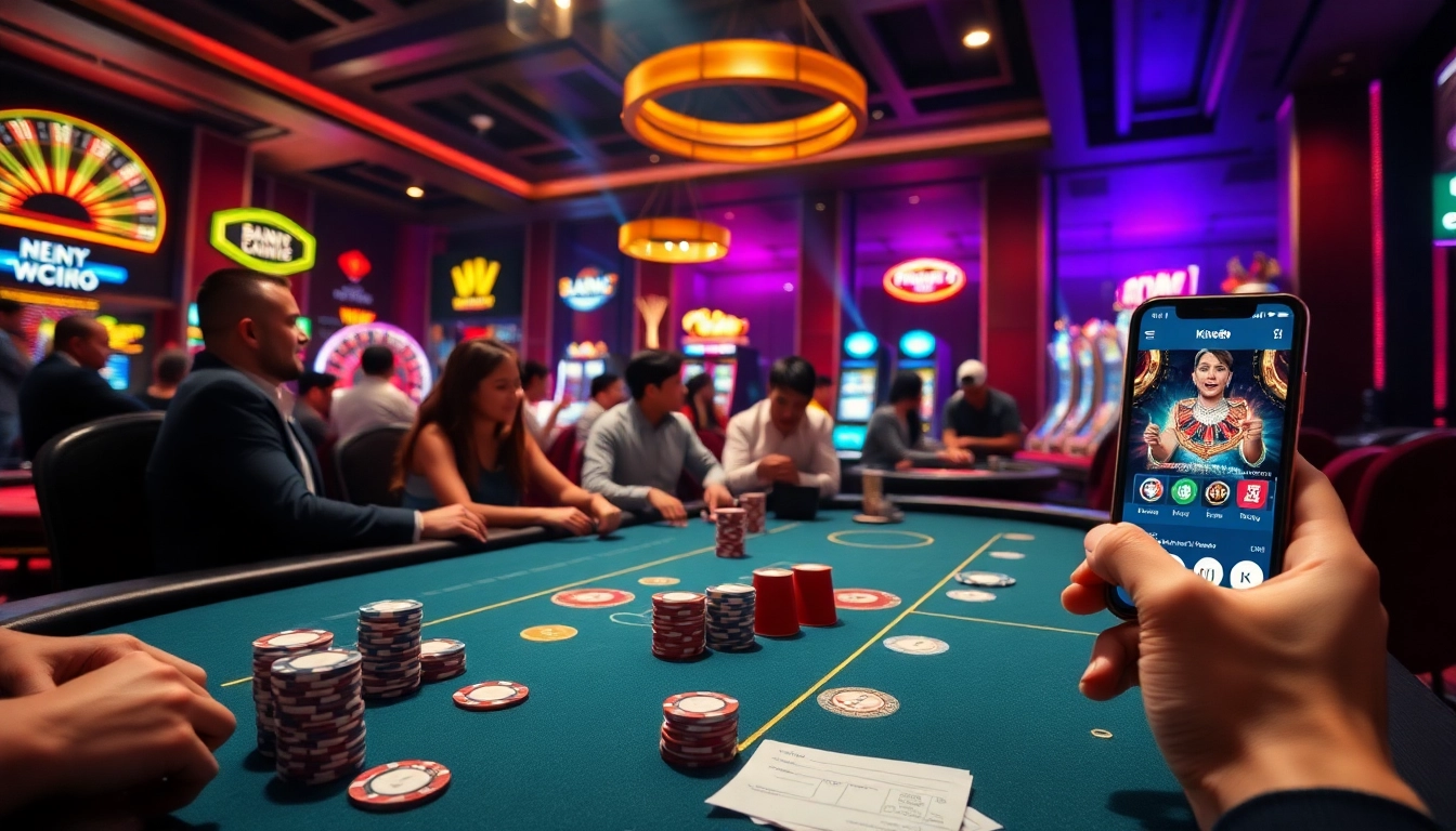 Experience the thrill of gambling with the app King88 as players engage at tables, slot machines, and roulette in a lively casino.