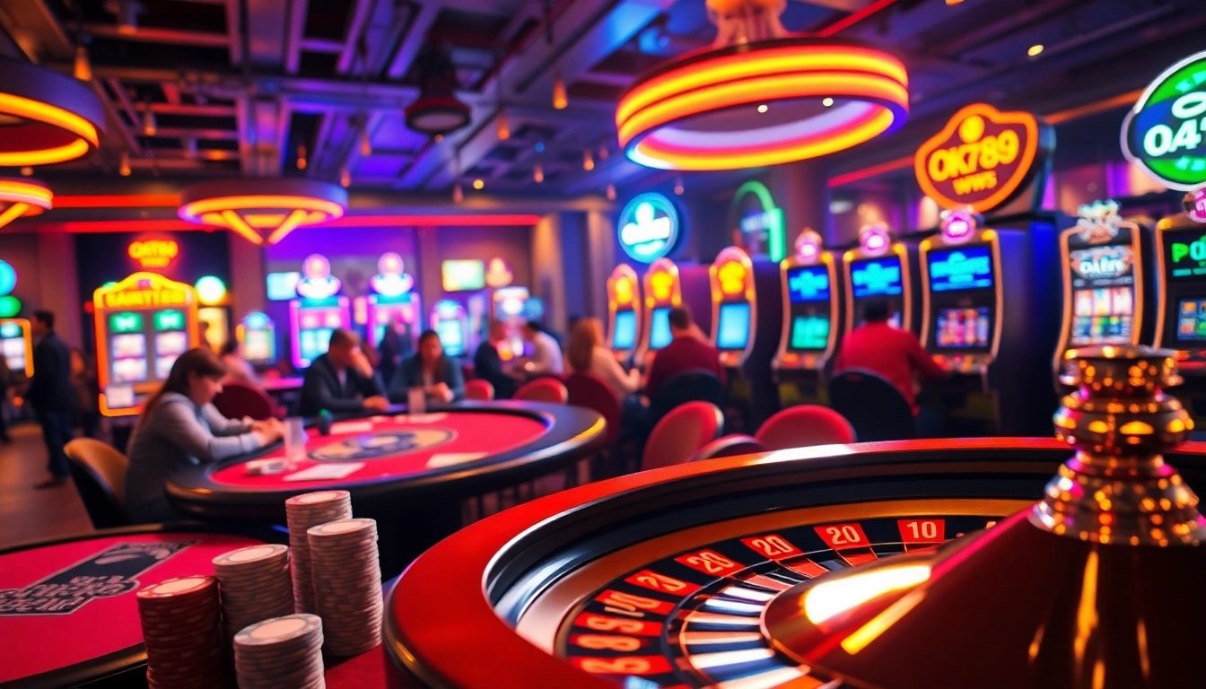 Players diving into the excitement of casino games at ok789.ws, featuring roulette wheels and poker chips.