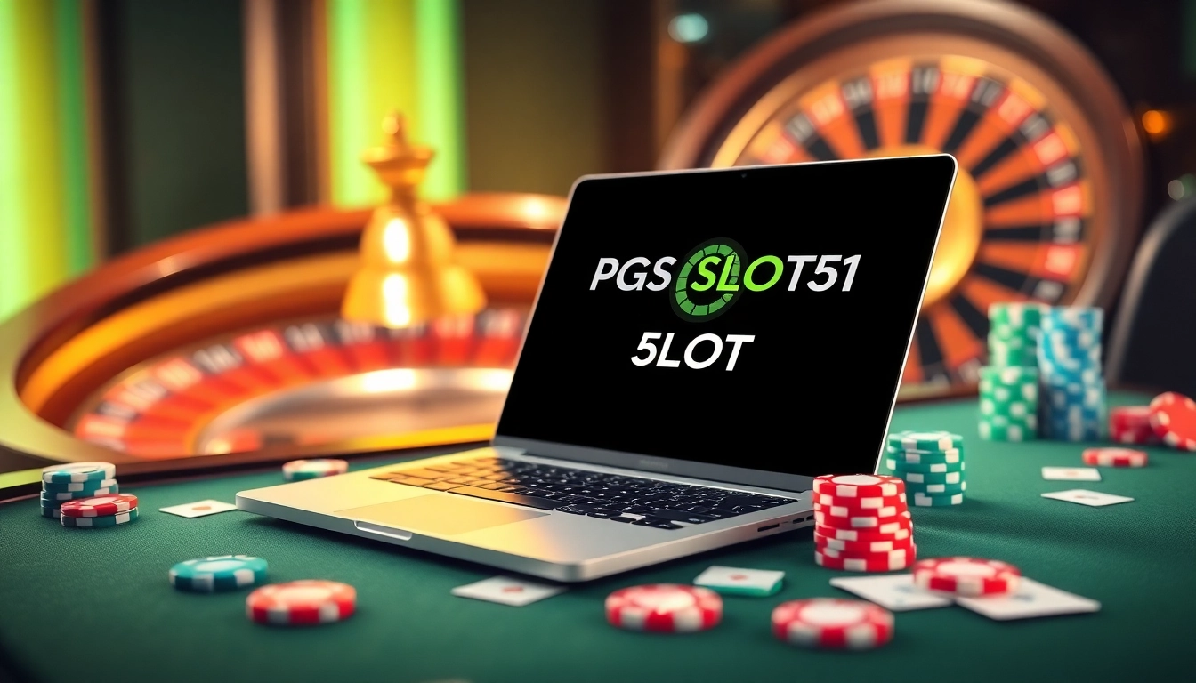 Experience the excitement of PGSLOT51 with captivating casino games featuring poker chips and vibrant roulette wheels.