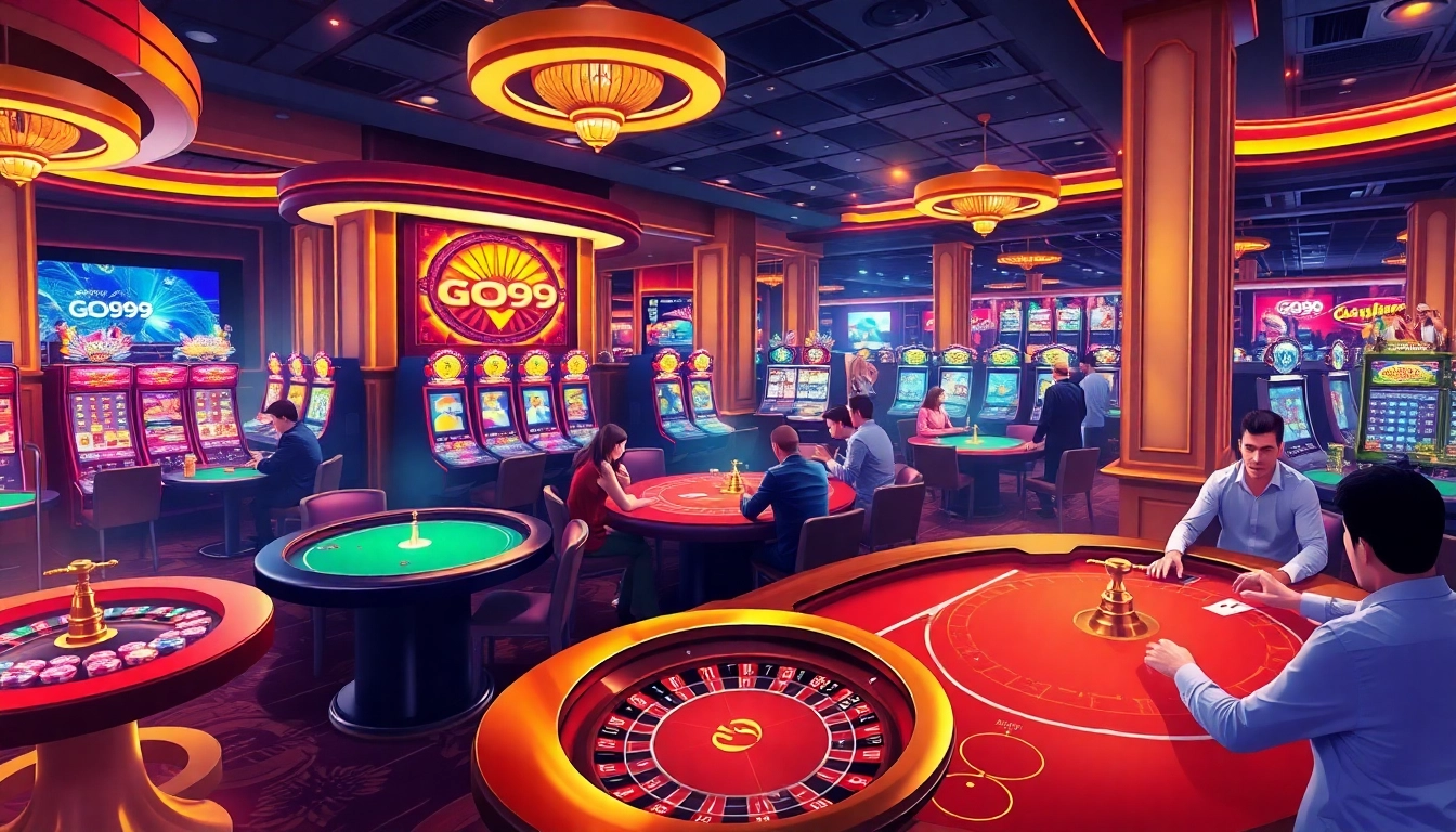 Experience the thrill of Go99 with players at an upscale poker table in a vibrant casino.